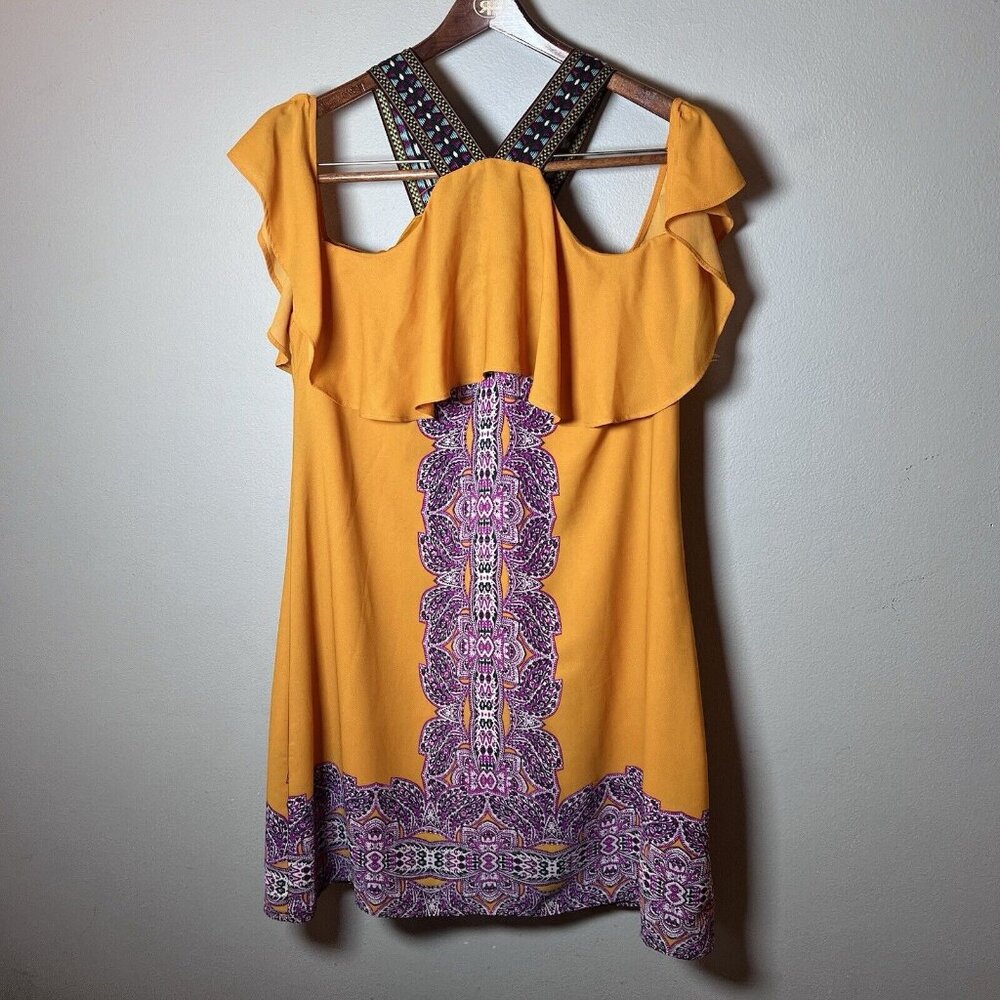 Signature 1 Studio Dress Women’s Size XL Purple & Gold Boho Mini Length Lined